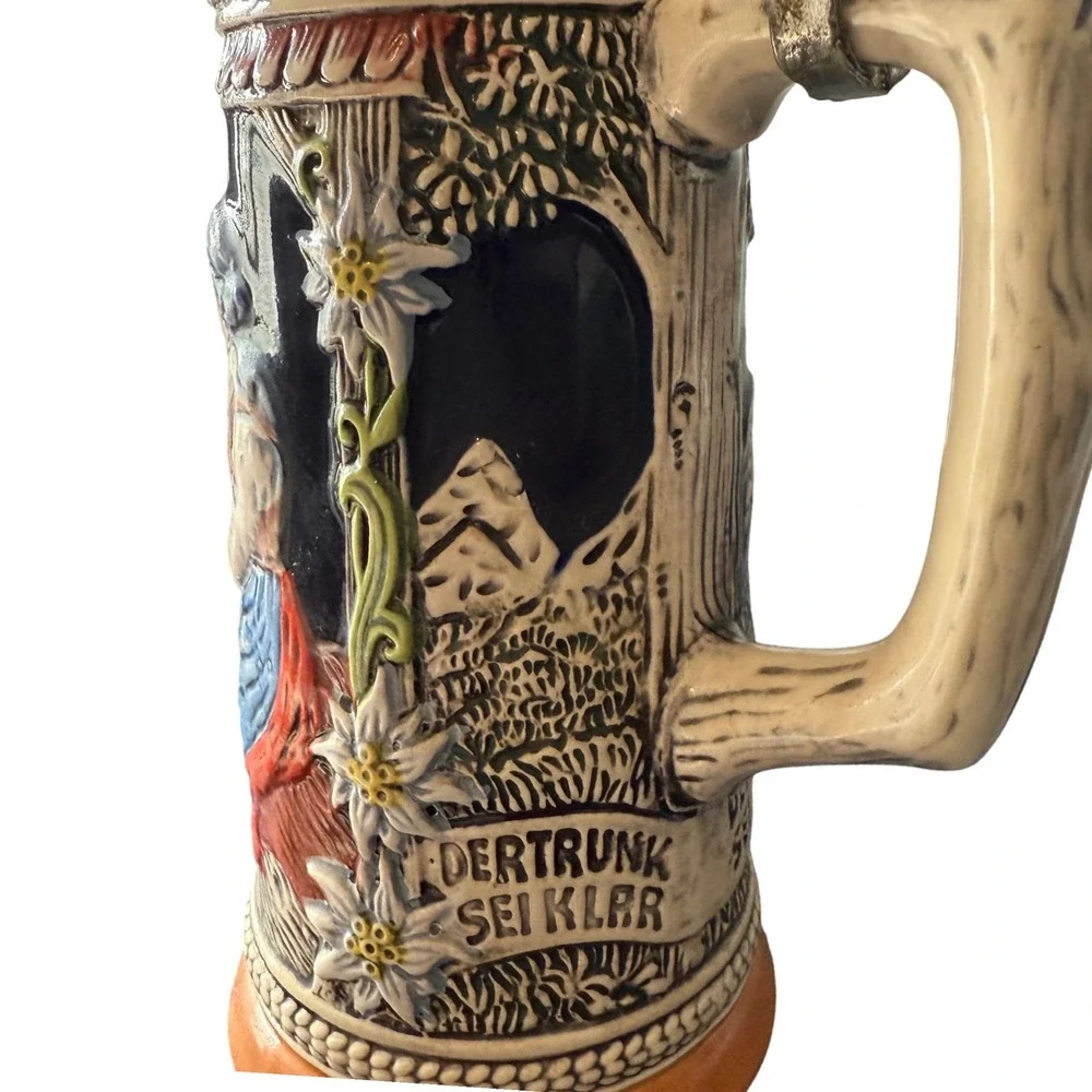 Gerz Germany Beer Stein‎ Edelweiss Floral Tavern Scene Pewter Lid Vintage